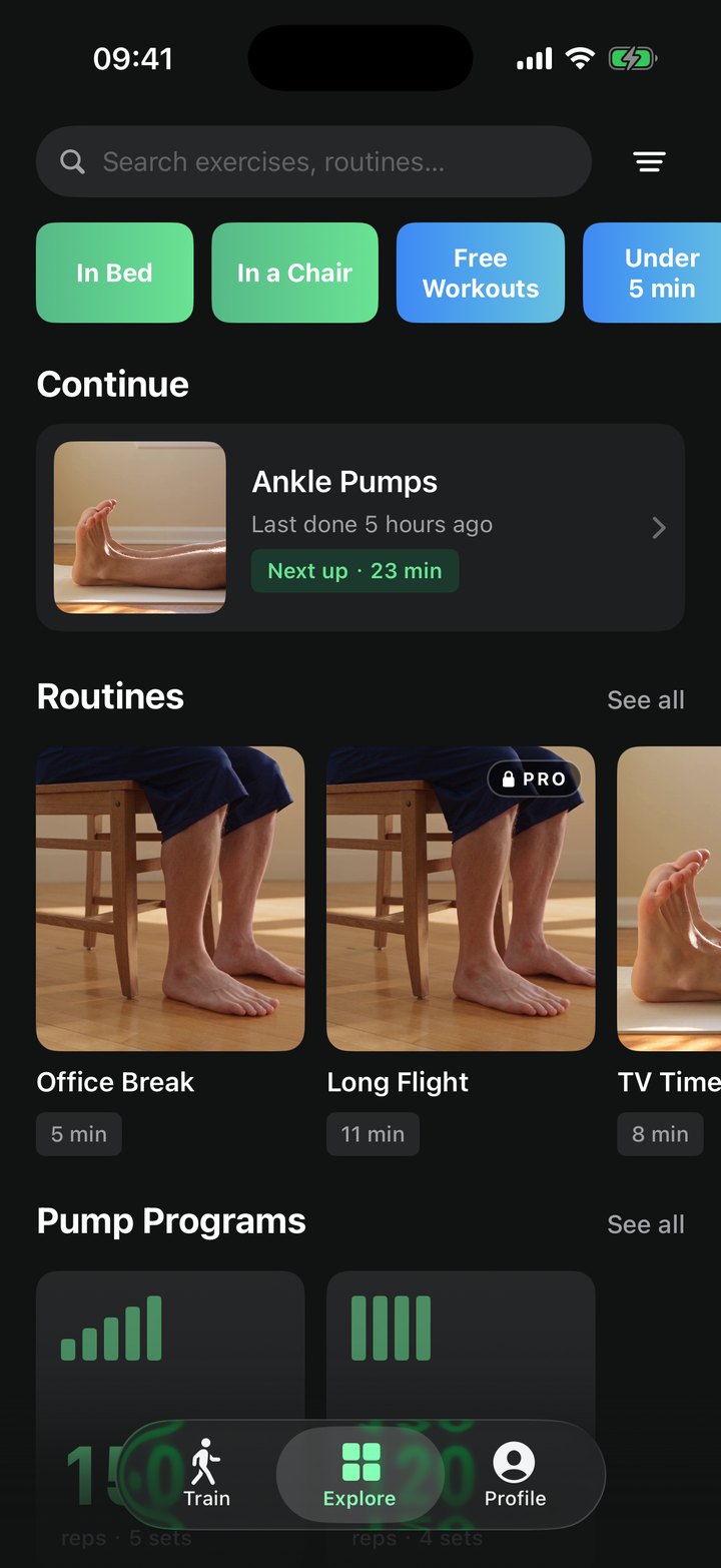 Explore tab with bed and chair exercises and routines