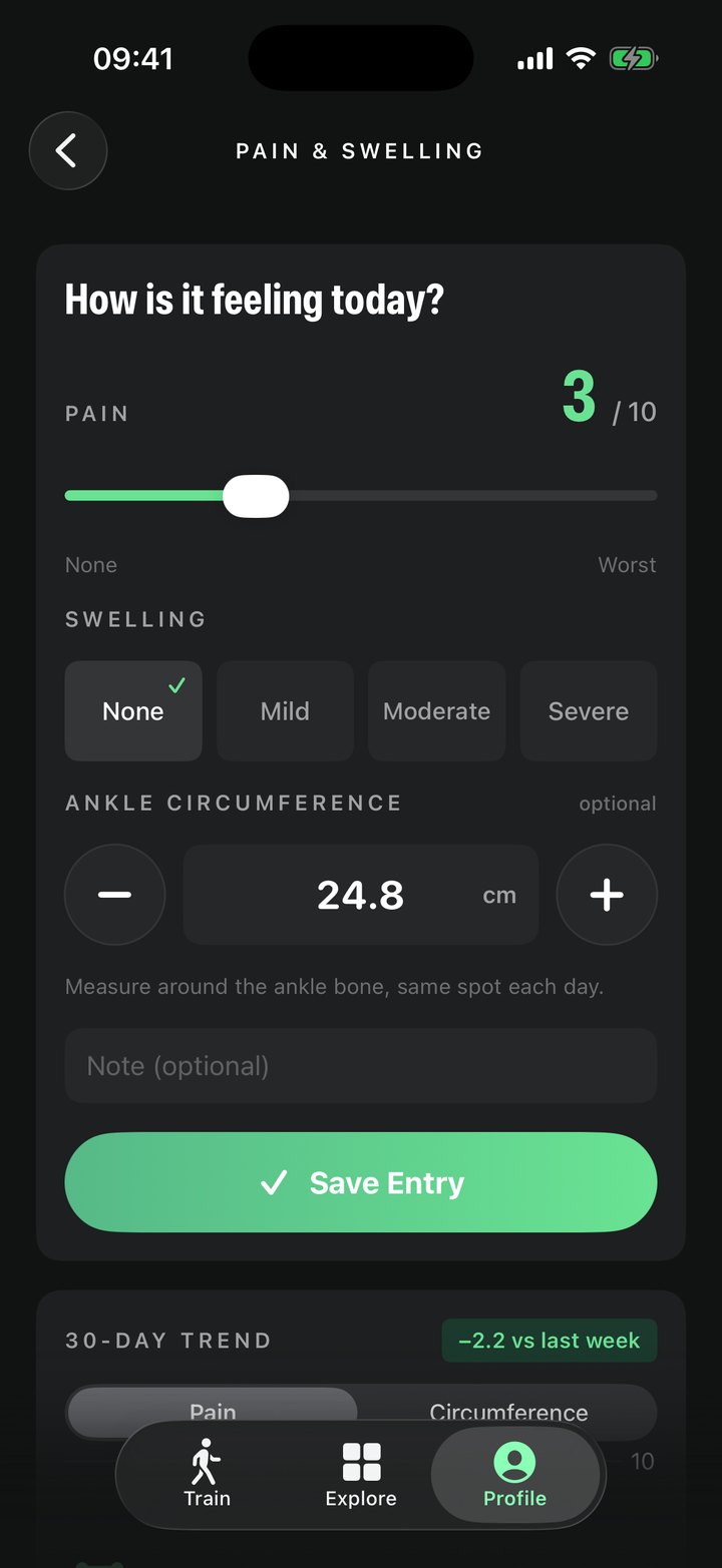 Pain and swelling diary with a pain slider