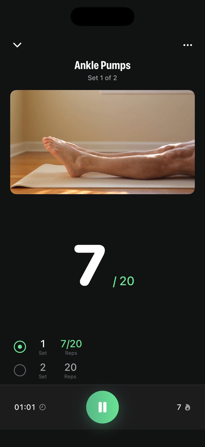 Ankle Pumps session screen: a video of the exercise above a large rep counter reading 7 of 20