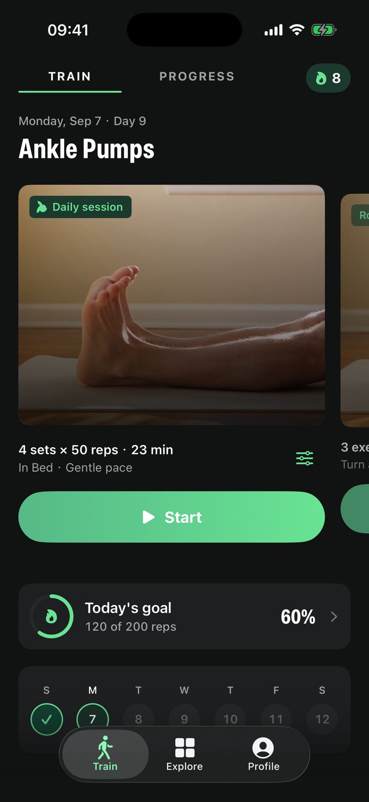 Train tab with today's plan, Start button, daily goal ring and week streak